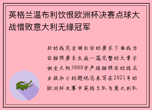 英格兰温布利饮恨欧洲杯决赛点球大战惜败意大利无缘冠军
